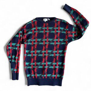 Vintage 90s Woven Print Navy Crewneck Grandpacore Sweater Size Large